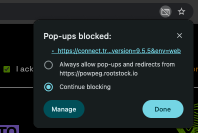 Chrome pop-ups blocked dialog for Trezor Connect on the PowPeg App